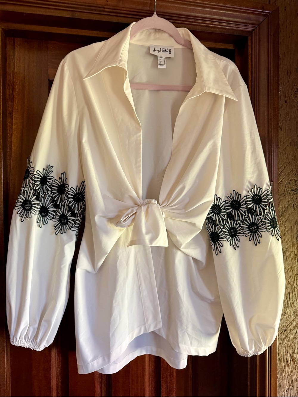 Joseph Ribkoff WhiteTie-Front Blouse with Black Floral Embroidery